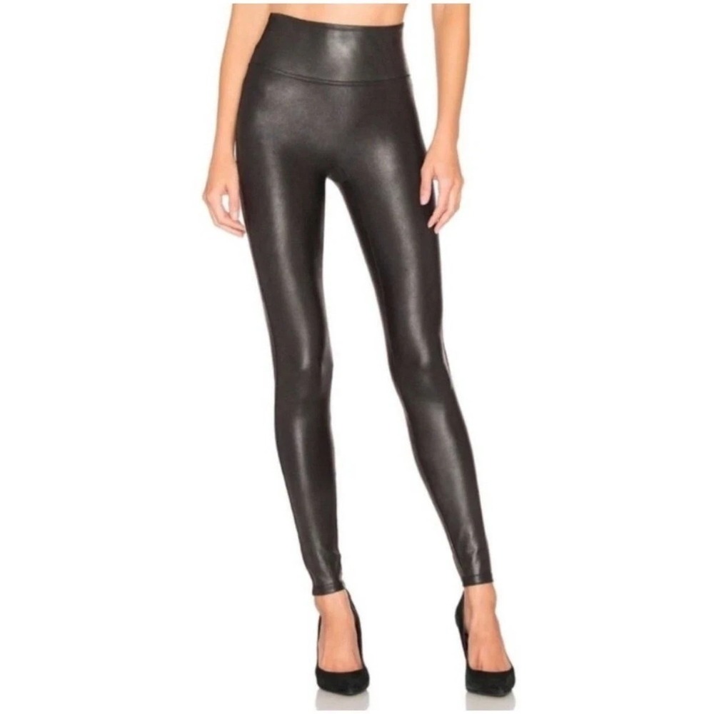 Spanx Black Faux Leather Metallic Leggings Size Medium M - Glam, Classy,‎ Chic